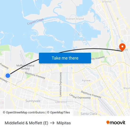 Middlefield & Moffett (E) to Milpitas map