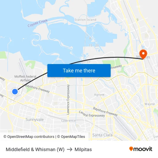 Middlefield & Whisman (W) to Milpitas map