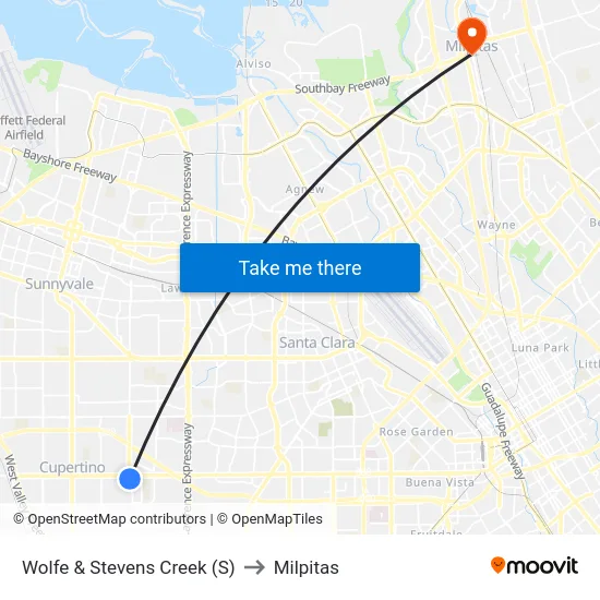 Wolfe & Stevens Creek (S) to Milpitas map