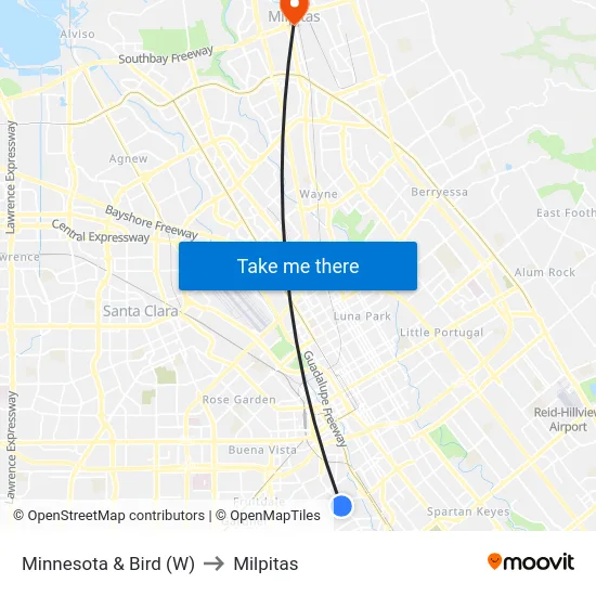 Minnesota & Bird (W) to Milpitas map