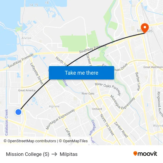 Mission College (S) to Milpitas map