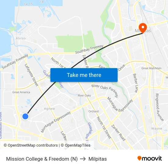 Mission College & Freedom (N) to Milpitas map