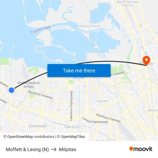 Moffett & Leong (N) to Milpitas map