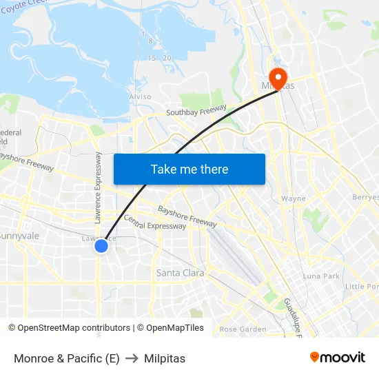Monroe & Pacific (E) to Milpitas map