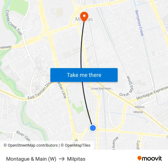 Montague & Main (W) to Milpitas map
