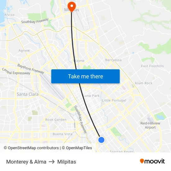 Monterey & Alma to Milpitas map