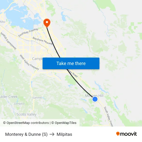 Monterey & Dunne (S) to Milpitas map