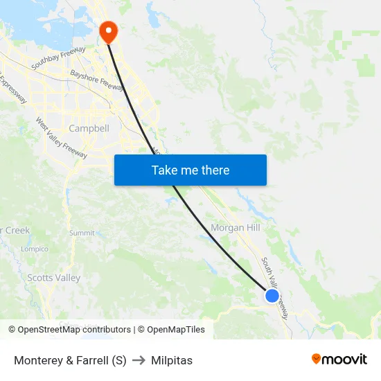 Monterey & Farrell (S) to Milpitas map