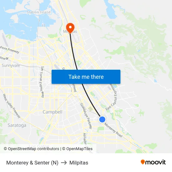 Monterey & Senter (N) to Milpitas map