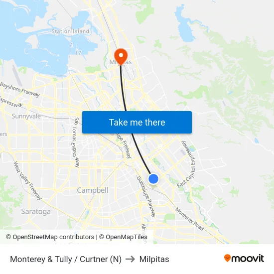 Monterey & Tully / Curtner (N) to Milpitas map
