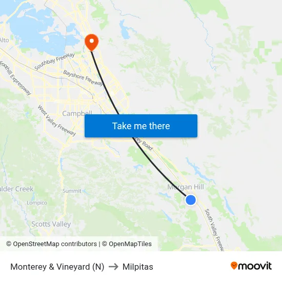 Monterey & Vineyard (N) to Milpitas map