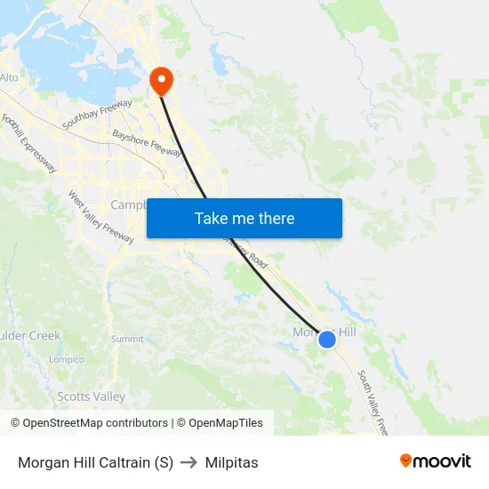 Morgan Hill Caltrain (S) to Milpitas map