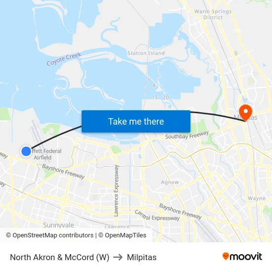 North Akron & McCord (W) to Milpitas map