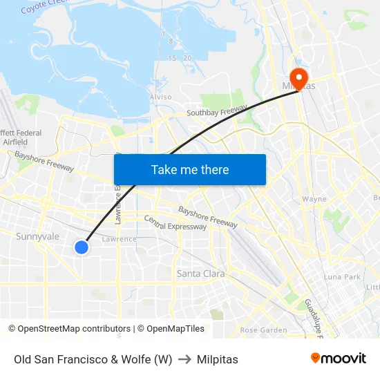 Old San Francisco & Wolfe (W) to Milpitas map