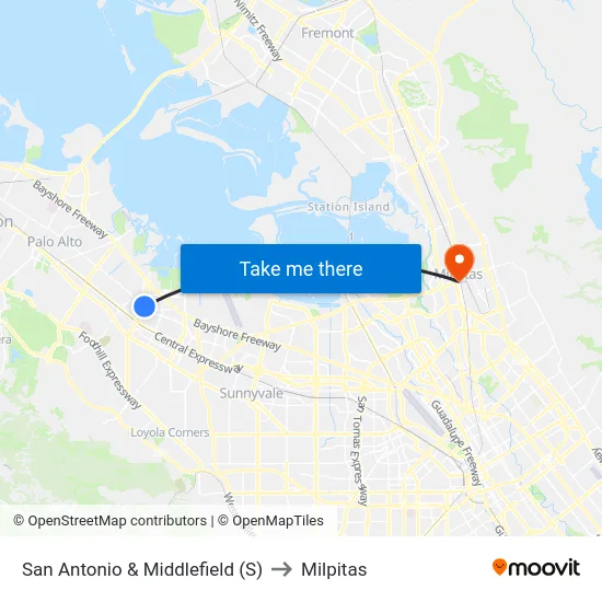 San Antonio & Middlefield (S) to Milpitas map