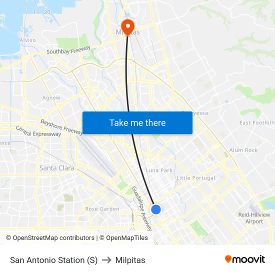 San Antonio Station (S) to Milpitas map