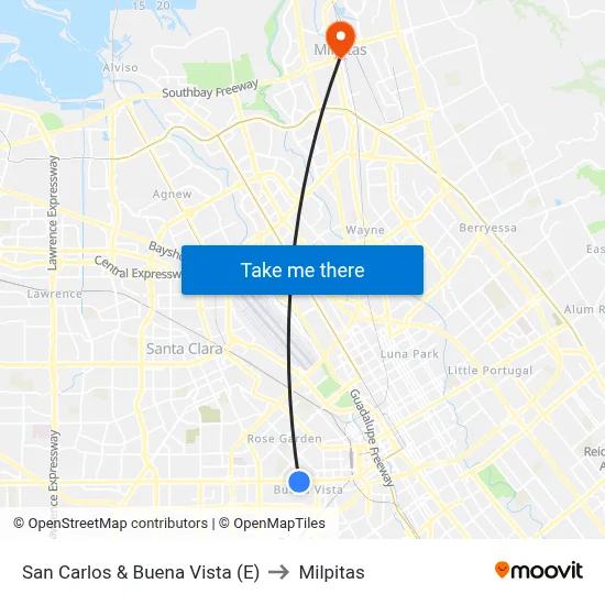 San Carlos & Buena Vista (E) to Milpitas map
