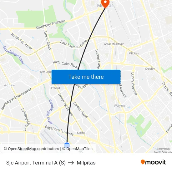 Sjc Airport Terminal A (S) to Milpitas map