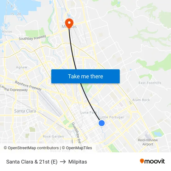 Santa Clara & 21st (E) to Milpitas map