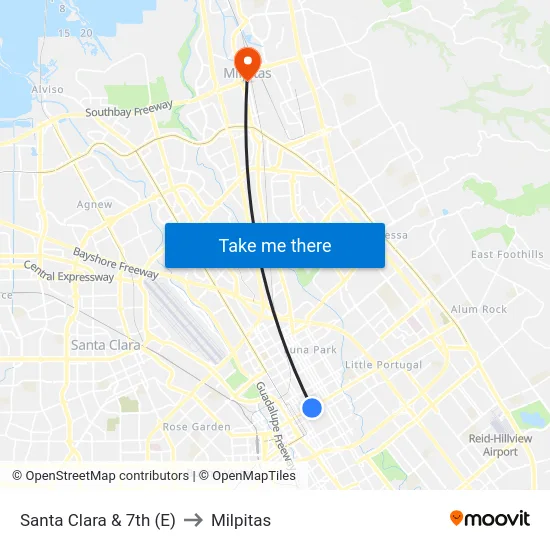 Santa Clara & 7th (E) to Milpitas map