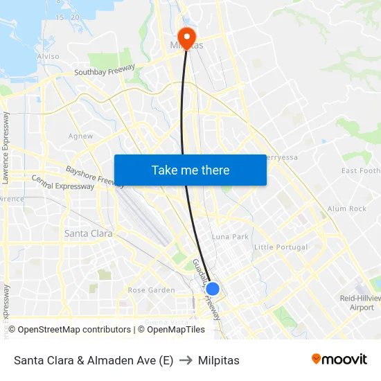 Santa Clara & Almaden Ave (E) to Milpitas map