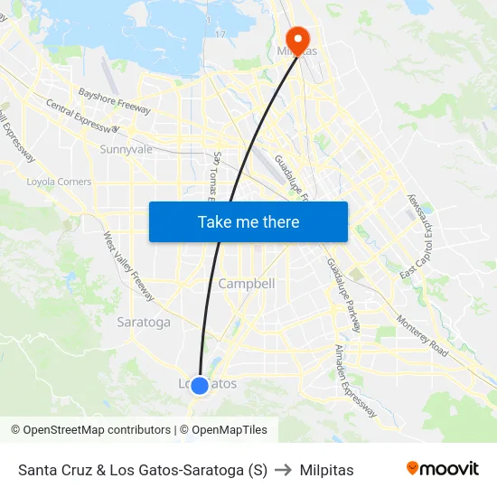 Santa Cruz & Los Gatos-Saratoga (S) to Milpitas map