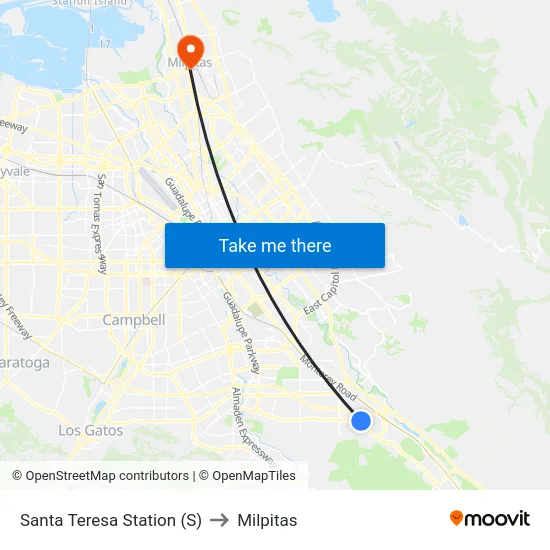 Santa Teresa Station (S) to Milpitas map