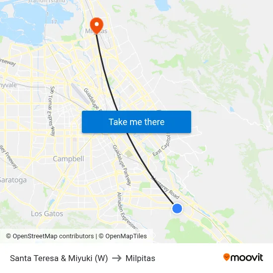 Santa Teresa & Miyuki (W) to Milpitas map