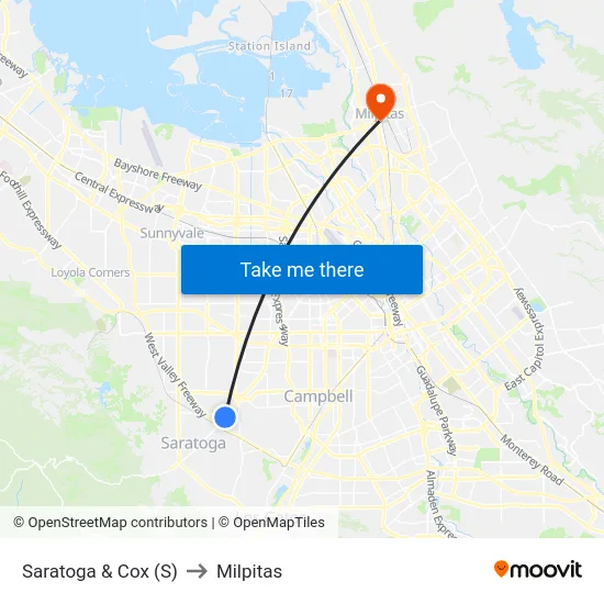 Saratoga & Cox (S) to Milpitas map