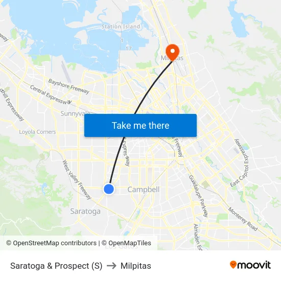 Saratoga & Prospect (S) to Milpitas map