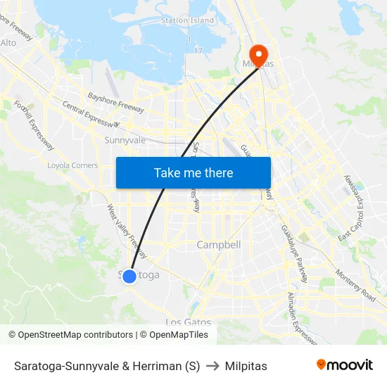 Saratoga-Sunnyvale & Herriman (S) to Milpitas map