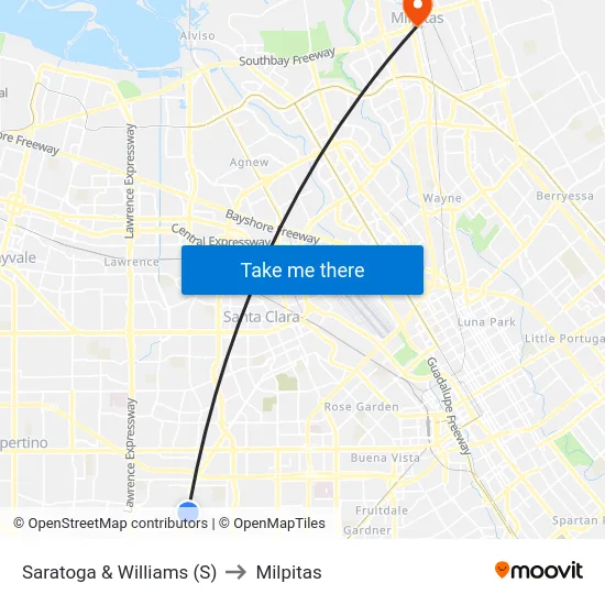 Saratoga & Williams (S) to Milpitas map