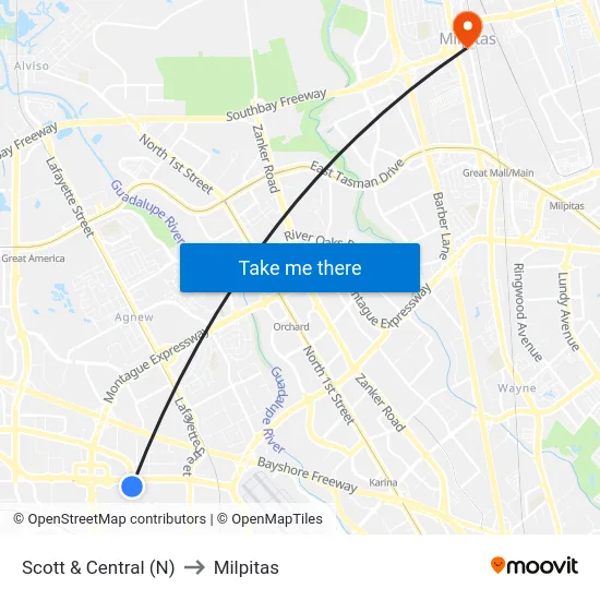 Scott & Central (N) to Milpitas map