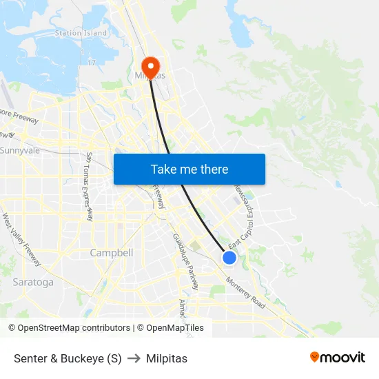 Senter & Buckeye (S) to Milpitas map