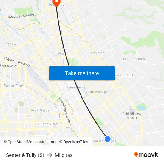 Senter & Tully (S) to Milpitas map