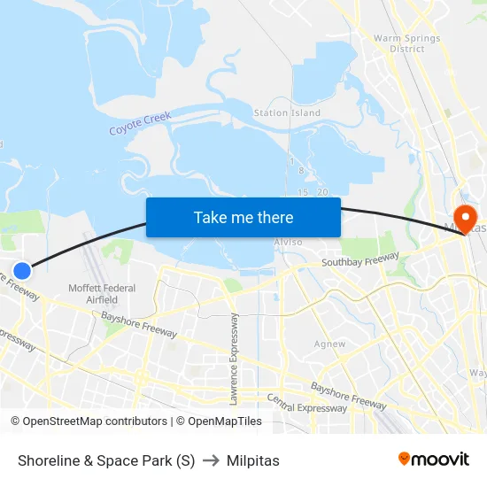 Shoreline & Space Park (S) to Milpitas map