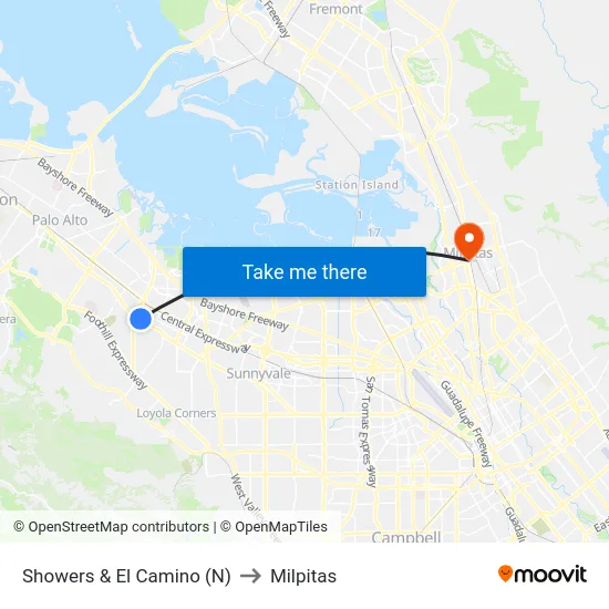 Showers & El Camino (N) to Milpitas map