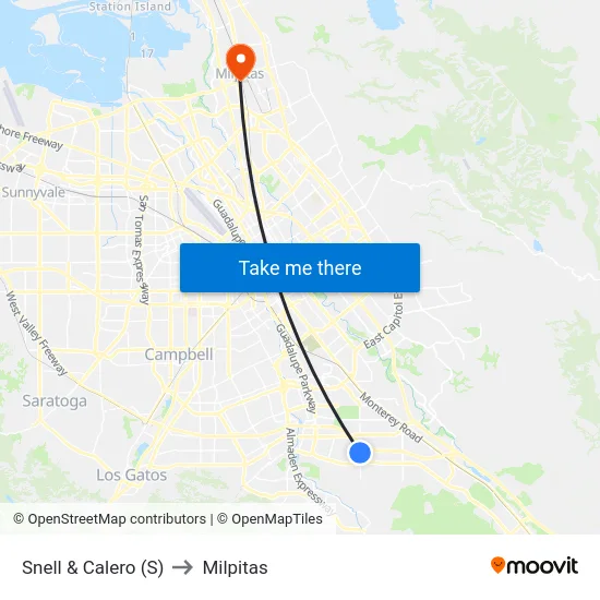 Snell & Calero (S) to Milpitas map