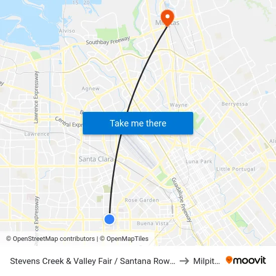 Stevens Creek & Valley Fair / Santana Row (W) to Milpitas map