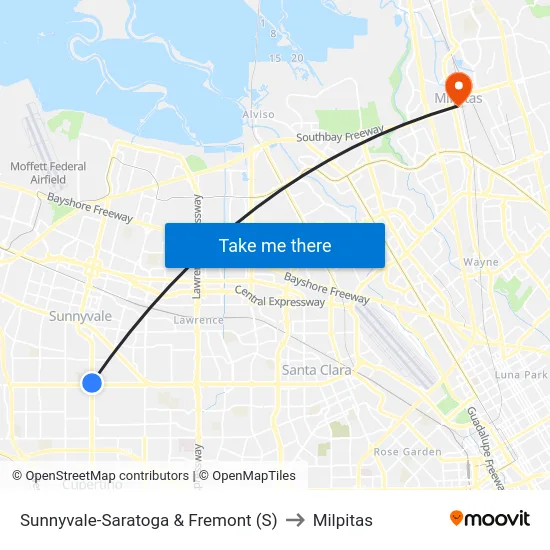 Sunnyvale-Saratoga & Fremont (S) to Milpitas map