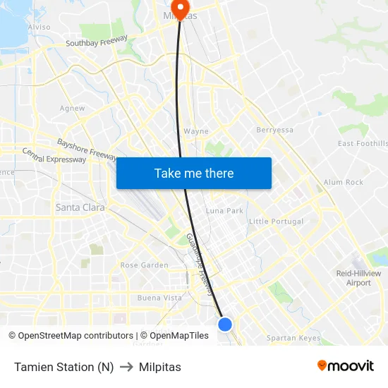Tamien Station (N) to Milpitas map