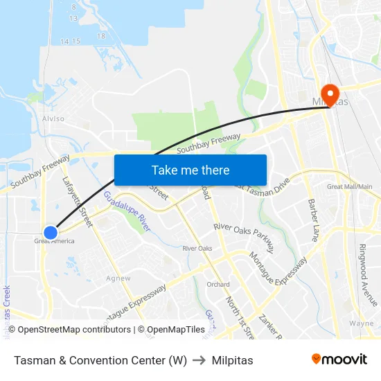 Tasman & Convention Center (W) to Milpitas map
