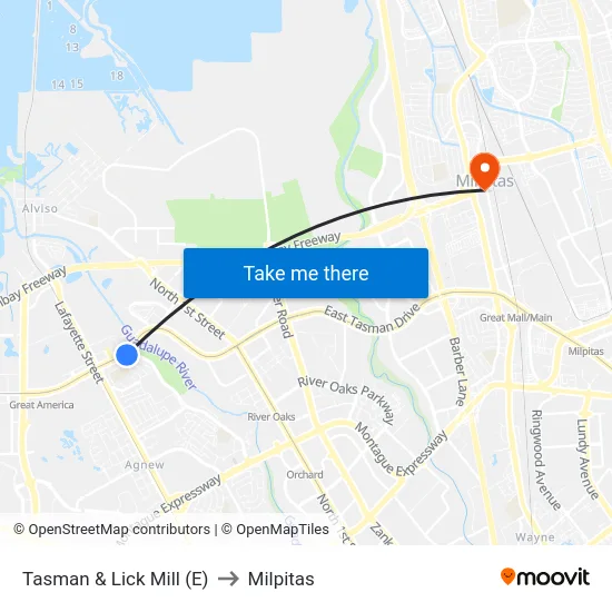 Tasman & Lick Mill (E) to Milpitas map