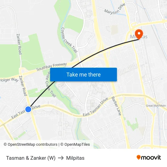 Tasman & Zanker (W) to Milpitas map