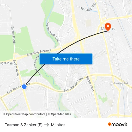 Tasman & Zanker (E) to Milpitas map
