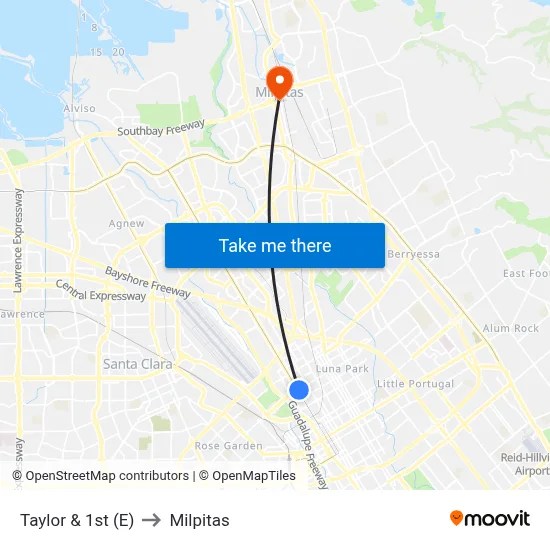 Taylor & 1st (E) to Milpitas map