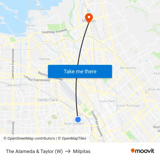 The Alameda & Taylor (W) to Milpitas map