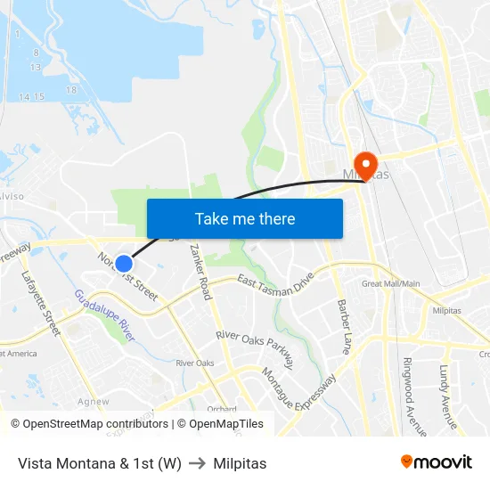 Vista Montana & 1st (W) to Milpitas map