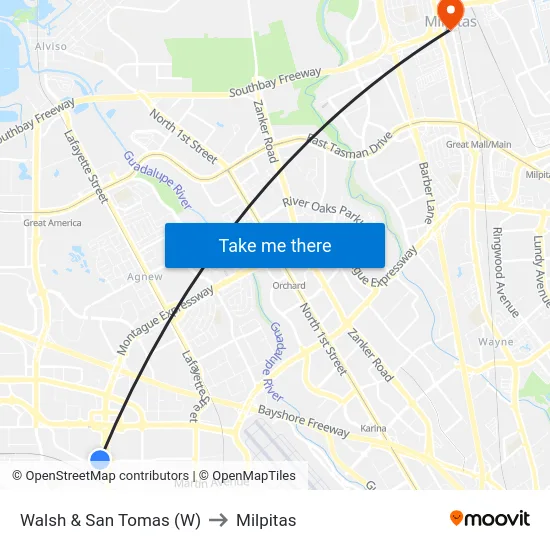 Walsh & San Tomas (W) to Milpitas map