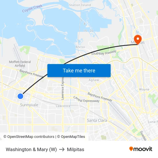 Washington & Mary (W) to Milpitas map